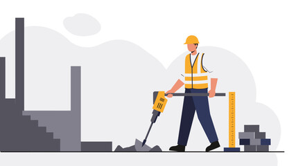 A construction worker in a safety vest and hardhat uses a jackhammer to break ground on a new building site, depicted in a modern flat design style illustration.