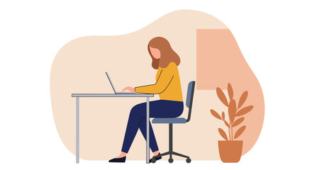 A young woman is diligently working on her laptop at a desk, embodying remote productivity and digital communication in a modern flat design illustration.