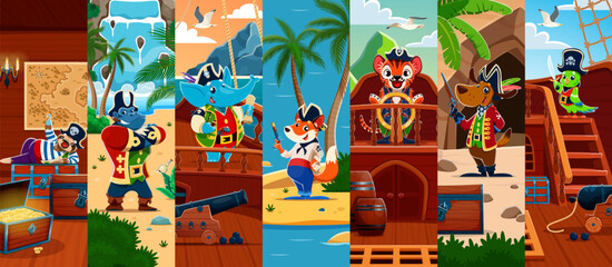 Cartoon funny animal pirates or corsairs characters collage. Cheerful sloth, gorilla, elephant and funny fox, tiger, dog and parrot animal pirate captain, sailor vector personages hunting treasures