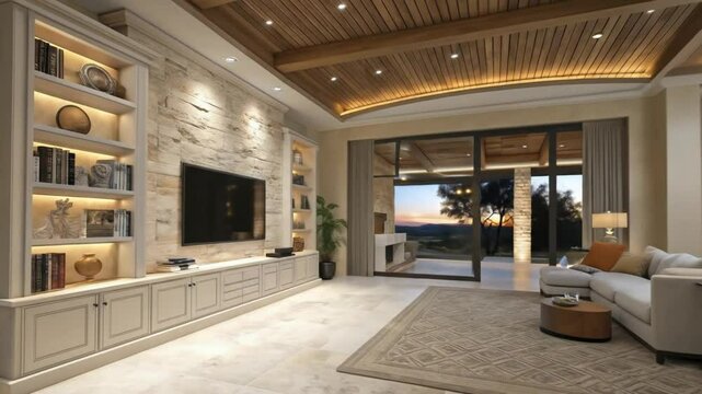 Modern living room design ideas with stone wall tv unit and wooden ceiling for luxury home interior