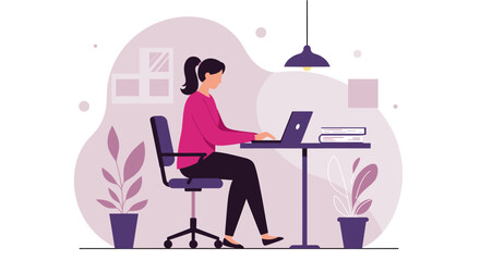 A young woman with a ponytail works on her laptop at a modern desk, creating a visually appealing flat design for a new marketing campaign and landing page.