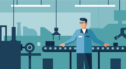Flat design illustration of a worker in a modern factory setting, perfect for industrial landing pages, banners, marketing materials, and presentations.