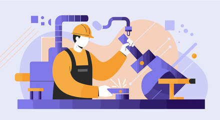 a worker in a hard hat and overalls operating a machine, with geometric shapes and a gradient background. Suitable for landing page, banner, marketing, web design, presentation, infographic, etc.