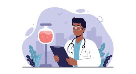 An illustrated flat design portrays a doctor reviewing medical records with an IV drip in the background, ideal for healthcare, web design, and presentation materials.