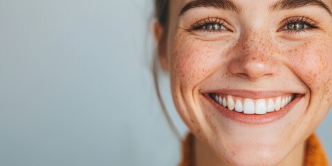 World smile day with mood and happiness idea. Smiling woman with freckles and bright eyes on a neutral background.