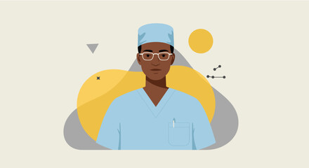 a person wearing a blue surgical cap and scrubs, with a geometric background. Suitable for landing page, banner, marketing, web design, presentation, infographic, etc.