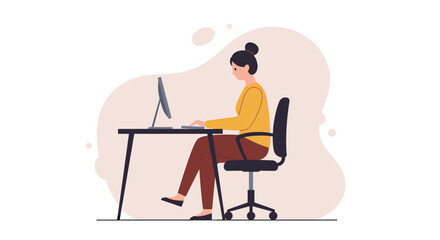 Flat design illustration of a woman working on a computer at her desk, perfect for landing pages, banners, marketing materials, and web design projects needing a modern and professional touch.