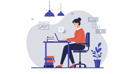 A young woman works at her desk on a laptop in a modern, flat design illustration, ideal for landing pages, marketing banners, or web design presentations.