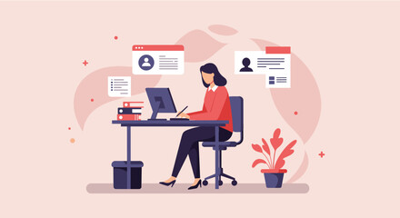 A woman works at her desk on a computer, surrounded by visual elements representing web design, user profiles, and data, suitable for a marketing banner.