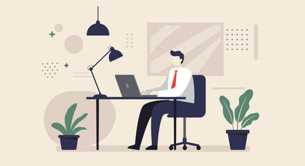 A flat design illustration depicts a businessman working on a laptop at his desk in a modern office environment, ideal for marketing and web design projects.