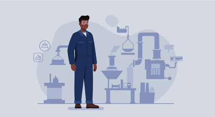 a man in a blue jumpsuit standing in front of a factory with various industrial equipment and symbols. Suitable for landing page, banner, marketing, web design, presentation, infographic, etc.