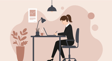 Stylish businesswoman working on laptop at desk, flat design illustration perfect for landing page, banner, marketing, web design, presentation or infographic.