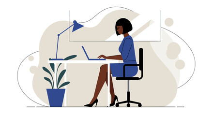a woman seated at a desk, working on a laptop with a lamp beside her, and a potted plant to her left. Suitable for landing page, banner, marketing, web design, presentation, infographic, etc.