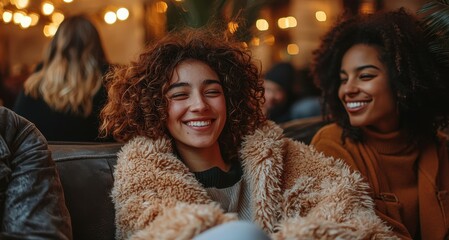 World smile day with mood and happiness idea. Two women smiling casually in a cozy indoor setting.