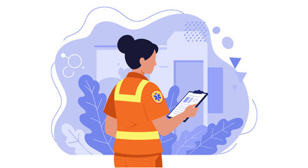 Paramedic woman reviewing medical report on clipboard, flat design illustration perfect for landing page banner, marketing materials, web design, presentation, or infographic.