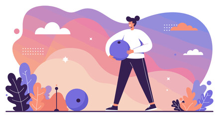 a person in athletic attire holding a large blue ball. Suitable for landing page, banner, marketing, web design, presentation, infographic, etc.