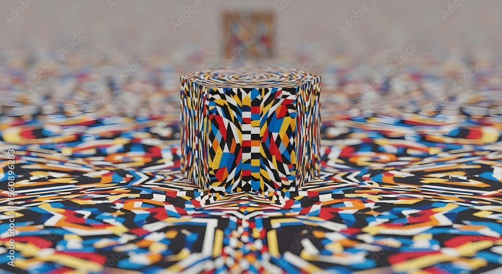 Aufkleber a colorful cube sits atop a swirling, geometric pattern, creating a visually striking image.
