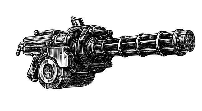 Gatling Gun Weapon &ndash; Vintage Engraving Illustration &ndash; Vector and PNG Isolated on Transparent Background
