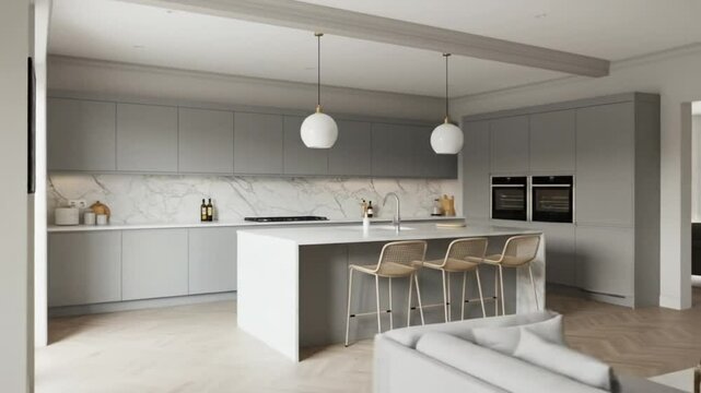 Modern kitchen design ideas: grey cabinets, marble backsplash and island with bar stools decor trends