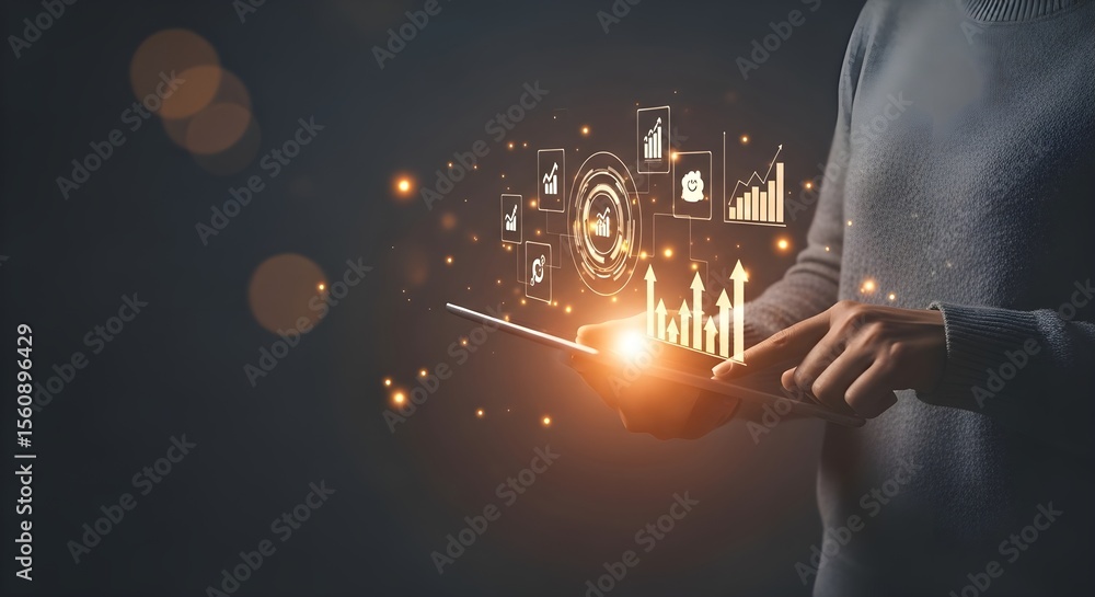 Poster a person's hands hold a tablet displaying glowing graphs and charts, symbolizing data analysis and g