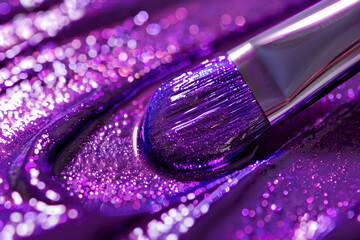 Close-up of a brush laden with vibrant purple paint and glitter, creating a textured and shimmering surface. Intense color and shine.