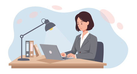 A woman in a business suit is sitting at a desk, working on a laptop with a lamp illuminating her workspace. Suitable for landing page, banner, marketing, web design, presentation, infographic, etc.