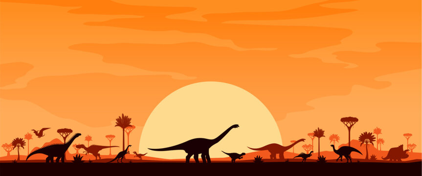 Jurassic era landscape with dinosaur silhouettes. Vector background with lush tropical trees beneath a golden sunset, mountains in the distance, silhouettes of majestic dino roaming across the horizon