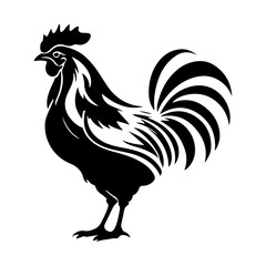 Stylized silhouette of a rooster against a white background with simple shapes