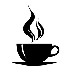 Black and white illustration of a steaming cup of coffee or tea