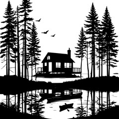 Forest cabin by a lake with canoe, surrounded by tall trees, vector silhouette style