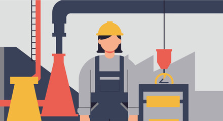 A flat design illustration showcasing a worker in a factory setting, ideal for use in marketing materials, landing pages, or presentations related to industry and manufacturing.