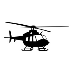 Silhouette of a utility helicopter with rotating rotor blades on white background