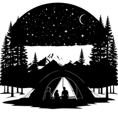 Camping couple watching stars beside a tent, with forest trees and mountains in background