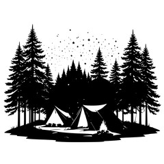 Silhouette of a tent under pine trees with a glowing campfire at night, starry sky above