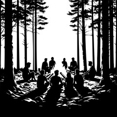  Group of friends sitting around a bonfire in a forest campsite, minimalistic vector style