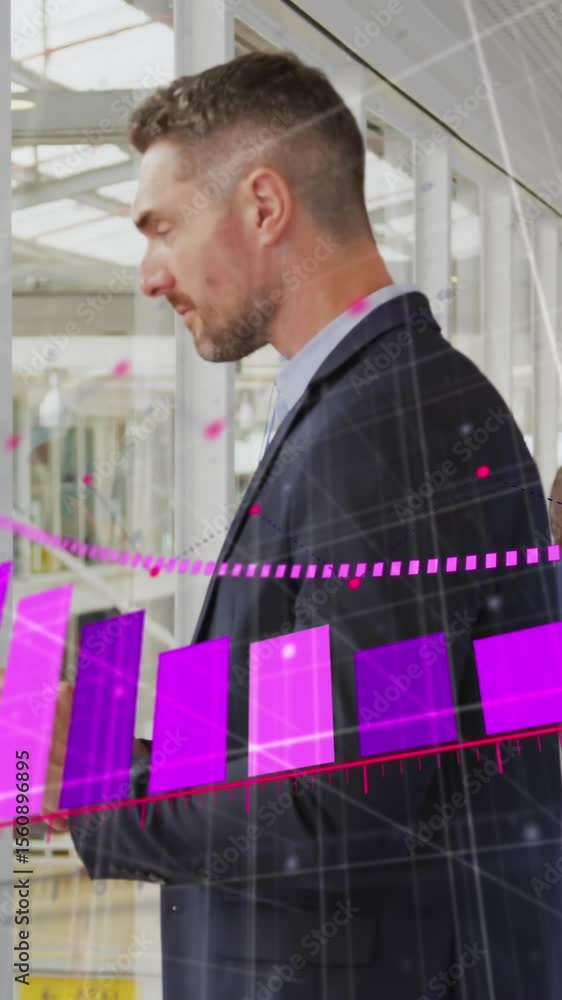 Poster animation of statistical data processing over caucasian businessman using smartphone at office