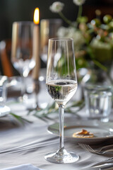 Elegant champagne glass on a beautifully set table, promising a sophisticated celebration or an intimate, special occasion.