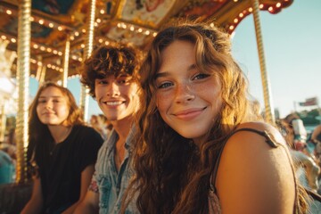 Obraz premium Friends share smiles while riding a merry-go-round under a sunny sky. The atmosphere is lively with lights and sounds from nearby attractions, creating a joyful experience