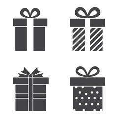 Festive Gift Box Icons Featuring Ribbon Bows and Various Designs, Suitable for Holiday Celebrations and Decorative Purposes