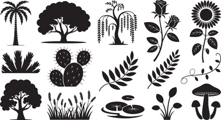 Black Silhouettes Botanical Elements Collection Palm Tree Oak Willow Rose Sunflower Cactus Wheat Lily Pads Mushroom