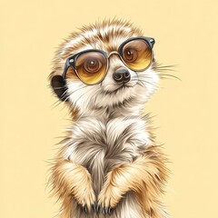 Obraz premium Cute Cartoon Meerkat with Stylish Sunglasses on Yellow Background