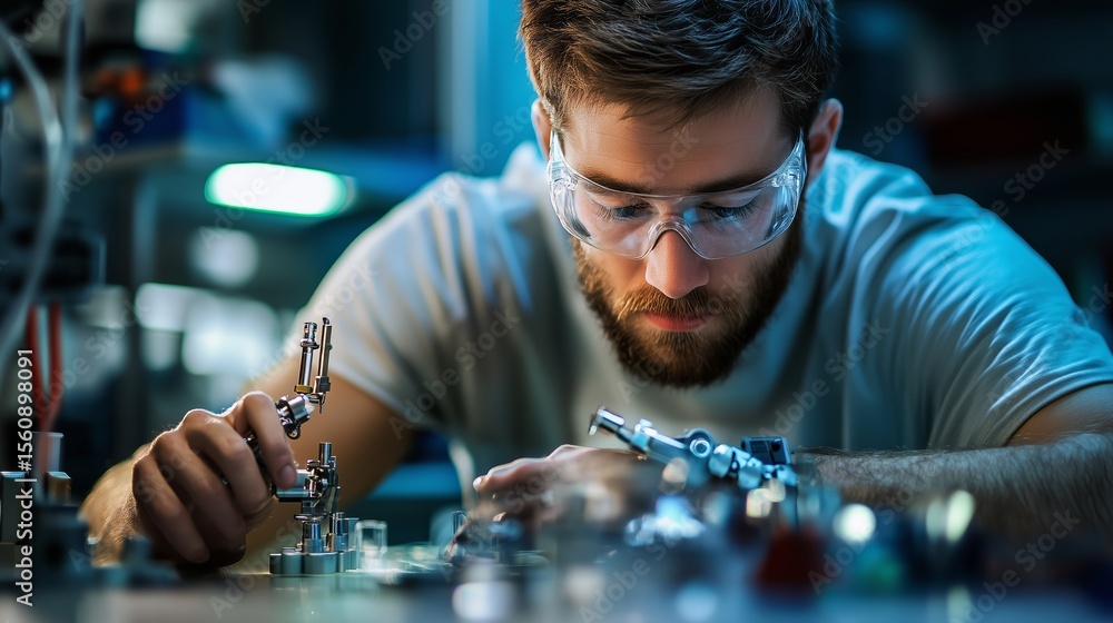 Poster focused technician working with precise tools in a modern laboratory setting during evening hours