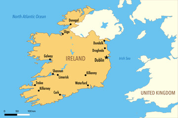 Vector Map of Ireland with Major Cities and Neighboring Countries