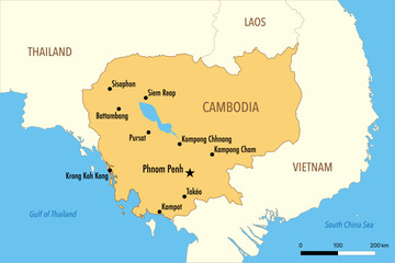 Vector Map of Cambodia with Major Cities and Neighboring Countries