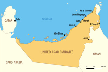 Vector Map of United Arab Emirates with Major Cities and Neighboring Countries