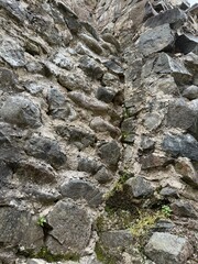 Vertical section of an old stone wall with visible mortar, erosion, moss, and plants. Suitable for architecture, design, modeling, restoration, and environment use.