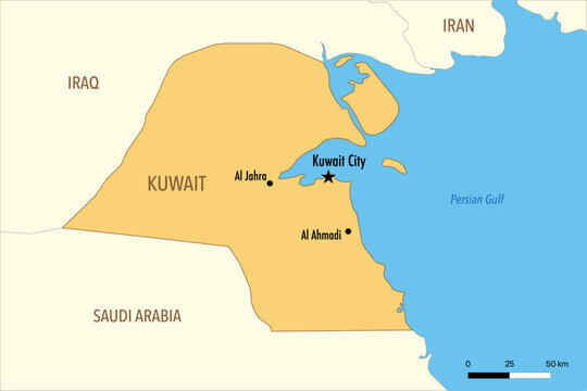 Vector Map of Kuwait with Major Cities and Neighboring Countries