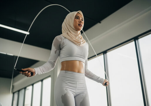 Fit Muslim woman with hijab jumping rope in gym for cardio workout, displaying determination and commitment to fitness