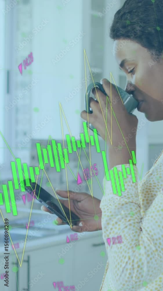 Aufkleber animation of graphs with changing numbers, woman scrolling on cellphone while drinking tea