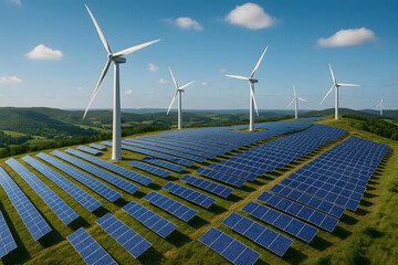 Clean energy farm renewable energy sources solar panels and wind turbines generating power on a green hillside environment